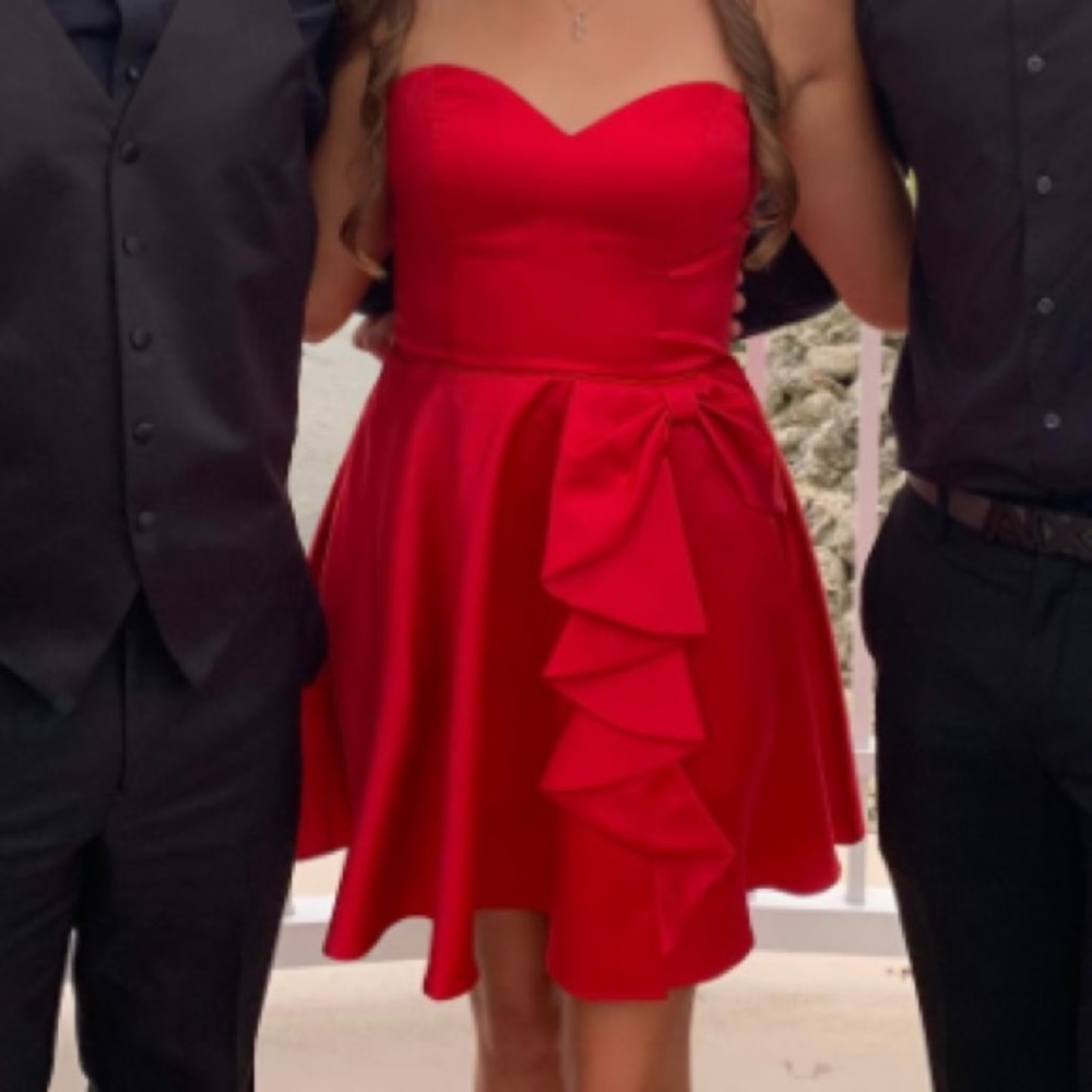 Red Satin Strapless Hoco Dress with Pockets